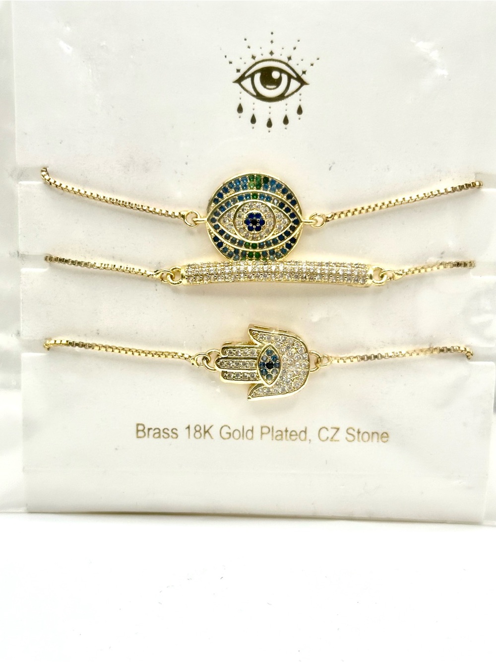 18K Gold Plated Evil Eye & Hamsa CZ Bracelet Set - Blue/Green Accents